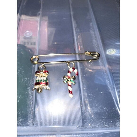 Gold Tone Brooch Safety Pin Christmas Holiday Dangle Charms Bell Candy Cane - Picture 2 of 8